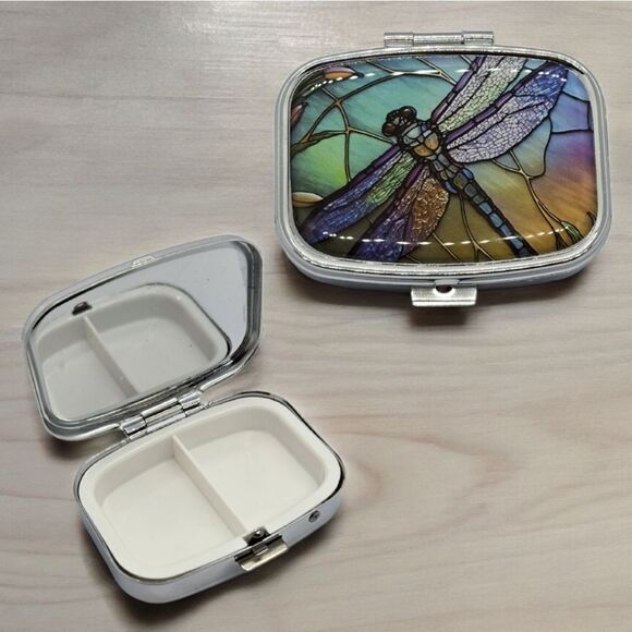 Dragonfly Pill Box Silver Medicine Mini Tin Case Mirrored Travel Purse Size Duo - Picture 2 of 7
